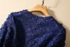 2023 Herbst Blau Blumen Spitze Stickerei Kleid 3/4 Ärmel Rundhals Strass Midi Casual Kleider S3S130914