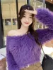 Kvinnors tröjor Autumn Winter Faux Mink Hair Slash Neck Loose Short Sweater Lady Chic Solid Color Fuzzy Long Sleeve Pullover Jumper