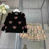 New Girls Dress suits baby autumn suit Size 110-150 Bear head patterned jacquard round neck sweater and plaid skirt Oct25