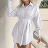 Casual Dresses Long Sleeve High Slim Waist Womens Autumn Asymmetrical Ruffle Hem Flowy Mini Dress Early Woman Clothing