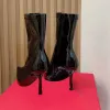 Eclipse kadınlar için oval etiketle patentli siyah ayak bileği botları 9cm stiletto yan fermuar yarım tasarımcı sivri ayak parmakları yüksek topuk moda botları
