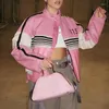 Chaquetas de mujer HEYounGIRL Moda Womne's Pink Jacket Faux Cuero Rayado Contraste Color Abrigo de gran tamaño Harajuku Punk Abrigos Alto