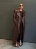 Women's Leather Faux Leather RR2790 X-Long Fake Leather Trench Coats Women Slim Belt Waist Back High Cut Up Long Sleeve Chocolate Faux Leather Jackets Women T231030