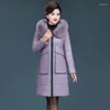 Women's Leather Noble Purple Mid-Length Thickening Outwear Mothers Sheepskin Winter Coat Female Large Fur Collar Hood OutCoat