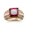 Cluster Rings Fashion Red Ruby Princess Cut Cubic Zirconia Yellow Gold Plated Women Men's Wedding Engagement