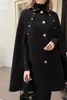 Nouveau noir femmes mélanges de laine manteau manteau châle boutons dorés manteaux de haute qualité femme mince longue printemps automne vestes en laine Cape vêtements d'extérieur
