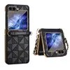 Crossbody Geometric Print Membrane Vogue Phone Case för Samsung Galaxy Folding Z Flip5 Flip4 Flip3 5G Halsband Fullt skyddande fast läderpläteringsskal