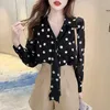 Kvinnors blusar Chiffon Blue Women Shirts and Luxury Clothing Korea Stylish Long Sleeve Top Fashion Woman 2023