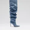 Amina Muaddi 95mm Jahleel Thigh High Boot Denim에 무릎 부츠 뾰족한 여자 부츠 하이힐 고급 패션 디자이너 슬립 온 파티 신발 공장 신발