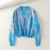 Mulheres Malhas CWomen Outono Asual Tie Dye Oversized Long Batwing Manga Cardigan Inverno V Pescoço Único Breasted Camisola De Malha Casaco Feminino