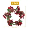 Couronne de fleurs décoratives de noël à baies rouges: 6 pièces, guirlande d'anneaux de pomme de pin artificielle, support de bougie chauffe-plat pour ornements de Table de vacances