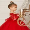 Girl Dresses 2023 Red Flower Girls Bow Appliques Backless Lace Fluffy Round Neck With Long Sleeves Beautiful Bridesmaid Birthday