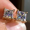 Stud Earrings 14K Gold Women Moissanite Diamonds Square Princess Elegant Wedding Party Engagement Anniversary Trendy Romantic