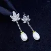 Dangle Earrings Plant Natural Fresh Water Pearl Drop Earring 925 Sterling Silver With Cubic Zircon Leaf Maple Fine Women Jewelry Daily Wear