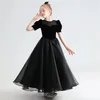 Robes de fille robe de fleur noire manches courtes gonflées longue longueur princesse enfants pour la fête d'anniversaire de mariage robes de bal de première communion