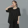 Camiseta feminina verão tendência seção fina personalidade solta cordão renda irregular cor sólida camisa rua legal curto