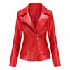 Jaqueta de couro feminina zíperes primavera outono plutônio gola mandarim vermelho motor biker casaco feminino curto