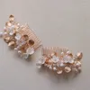 Hair Clips Copper Leaf Bridal Comb Pin Freshwater Pearls Women Jewelry Gold Color Wedding Piece