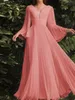 Elegantes weiß-rosa Abendkleid mit V-Ausschnitt, kurzen Ärmeln, Chiffon, A-Linie, Falten, rückenfrei, Partykleid, Ballkleider 2024, Vestidos De Fieast