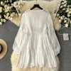 Casual Dresses Retro Elegant Embroidery Tassels V Neck Chiffon Dress A-line Long Sleeve High Waist Women Summer