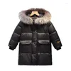 Manteau d'hiver en duvet pour enfants, noir et or, grand col en fourrure, épais, à la mode, pour garçons et filles, veste moyenne