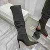 Amina Muaddi 95mm Jahleel Thigh High Boot Denim에 무릎 부츠 뾰족한 여자 부츠 하이힐 고급 패션 디자이너 슬립 온 파티 신발 공장 신발