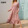 Vestidos casuais zaroy floral impressão mulheres chiffon vestido longo outono manga o pescoço a linha férias maxi boho praia vestidos robe