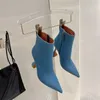 أمينة Muaddi Giorgia 95 High Boots Boots مدببة من قبل النساء الأزياء الأزياء zip denim العجلات الجلدية الكعب المصمم أحذية الحفلات المسائية المدببة بأصابع القدمين الكعوب