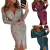 8 färger Autumn Sequined Midi Plus Size Dress Suit Långärmad julfest Women Club Pencil Gold V Neck