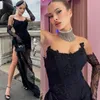 Black Lace Asymmetrical Prom Dresses Lewel See Through Appliqued Draped Beaded Crystal Evening Gowns Party Club Graduation Outfit Gown Vestidos