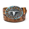 Cintos Vintage Western Belt Bull Buckle Cowboy com Big Jeans Couro Frisado Dropship