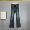 Kvinnors jeans 2023 Autumn Elastic Slim Denim Pants Rhinestone Bootcut byxor tvättade blå hög midja jean