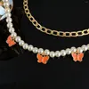 Łańcuchy eleganckie motyle wisiorek pereł naszyjnik damski styl vintage podwójny warstwę seksowne krótkie naszyjniki obojczyka niezwykła biżuteria