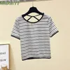 Kvinnors T-skjortor Crop Top Summer Cotton Doll Collar Randig Kort ärm T-shirt 2023 Korean Slim All-Match Casual Bluskläder