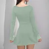 Casual Dresses Women Square Neck Bodice Dress Drawstring Ruched Long Sleeve For Lady Cocktail Elegant Ruffles Side Slit Cocktails