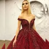 Dunkelrote Spitze Glanz Stern Applikationen Abendkleid Perlen Glitzer Abendkleider Elegantes formelles schulterfreies Ballkleid für Damen