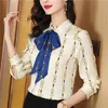 2023 Gedrukt Dames Designer Revers Shirts Zijde Zwart Lange Mouw Elegant Fit Shirt Kantoor Dames Knoopsluiting Casual Satijnen Blouses Lente Herfst Chic Slim Runway Tops