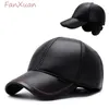 S Wysoka jakość PU Autumn Winter Hats For Men Baseball Cap with Earmuffs Bomber Caps Faux Skórzana Kapelusz Dad 231030
