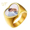 Anéis de casamento U7 Signet Personalizado Aço Inoxidável Po Imagem Imprimir Texto Gravura Coração Anel de Casal para Homens Mulheres Presente de Natal 231030