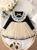 Girls Dresses 03 Year Old Baby Spring Autumn Round Neck Long Sleeved Black Stitched Apricot Gauze Lace Fashion Cute Toddler Dress 231030