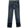 Calças de brim femininas cortadas denim calças de perna reta 2023 outono elástico fino jean feminino strass costura renda femme