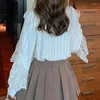 Women's Blouses Ruffled Stitching Lace Shirts Women Fashion Mesh Crochet Loose Casual Tops Stand Collar Long Sleeve Blouse Woman Elegant