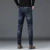 Mens Jeans vinter termisk cool snö varm plysch förtjockar fleece denim sträcka långa byxor raka smala ben blå byxor 231027