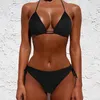 Damenbadebekleidung 2023 Sommer Solide Strand Badeanzug Badeanzüge für Frauen Sexy Halter Tanga Weibliche Bikini Sets Orange Rot Gelb