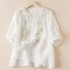Damskie bluzki duże vintage haft letnia koszulka swobodne kobiety Koreańskie damskie koszulka damska luźna bawełniana lniana karcie kobiety