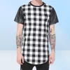 Men039s T-shirts Mannen T-shirt Hip Hop High Street Lange Plaid Mouw Geschulpte Lederen Zijrits Korte T-shirt8346596