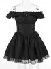 Robes décontractées Lolita Gothic A-Line Corset Mini Goth Egirl Grunge Off Épaule Tenues de fête Femmes Sexy Dentelle Hem Shrring Alt Robe