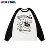 T-shirt da uomo T-shirt in cotone a maniche lunghe con pannelli a contrasto girocollo T-shirt ampia con stampa cartoon da uomo T-shirt casual autunnale