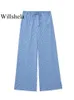 Women s Pants s Willshela Women Fashion Striped Drawstring Lace Up Straight Vintage Mid Elastic Waist Female Chic Lady Trousers 231027