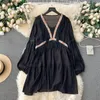 Casual Dresses Retro Elegant Embroidery Tassels V Neck Chiffon Dress A-line Long Sleeve High Waist Women Summer